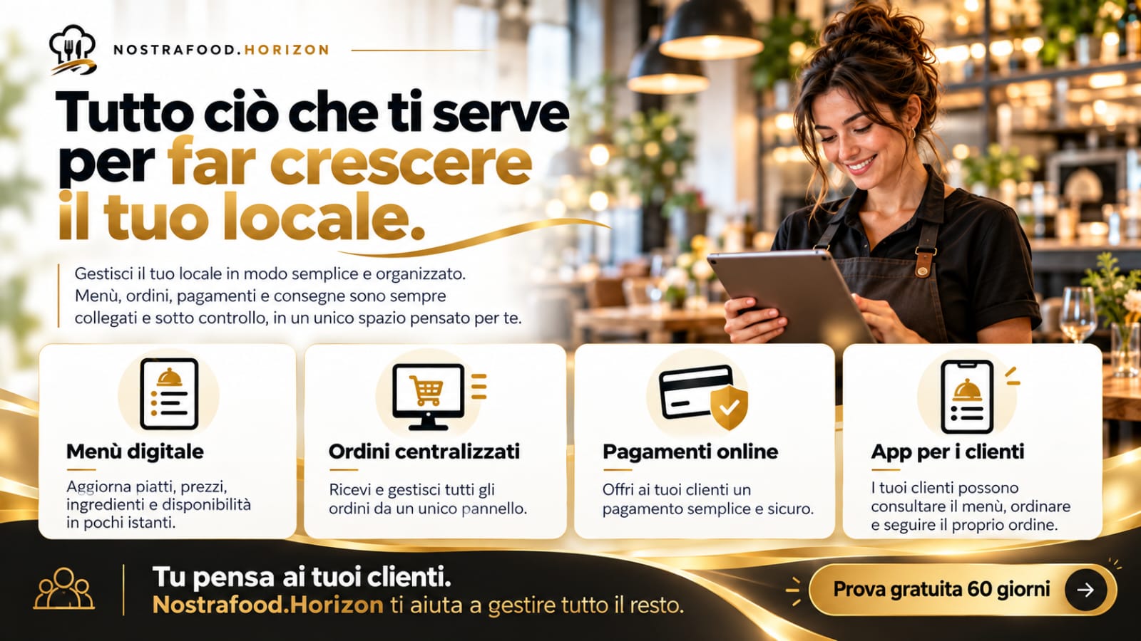 Strumenti Nostra Food Horizon per gestire menu, ordini, pagamenti e clienti